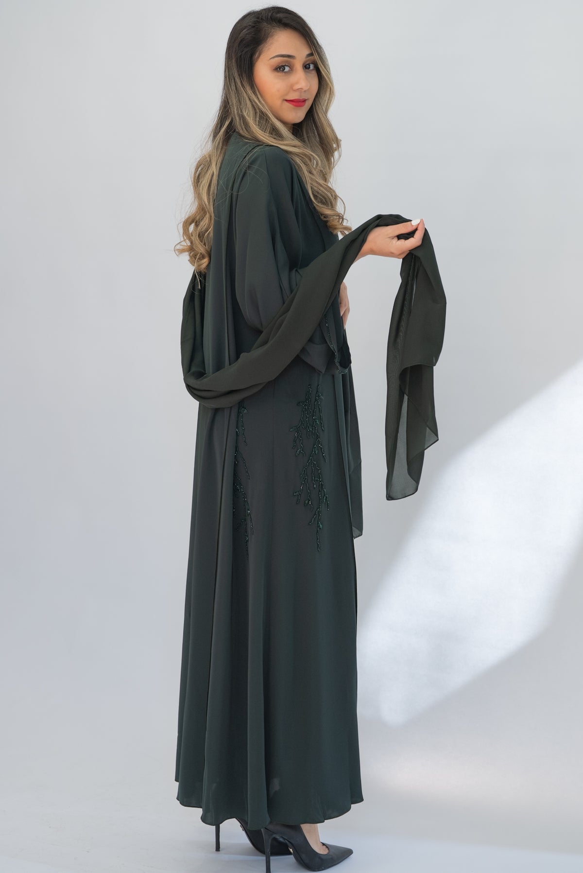 Forest Green Beaded Crepe Open Abaya with Sheila