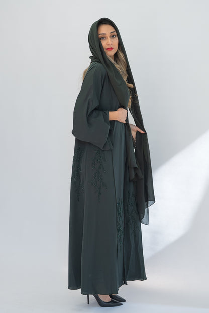 Forest Green Beaded Crepe Open Abaya with Sheila