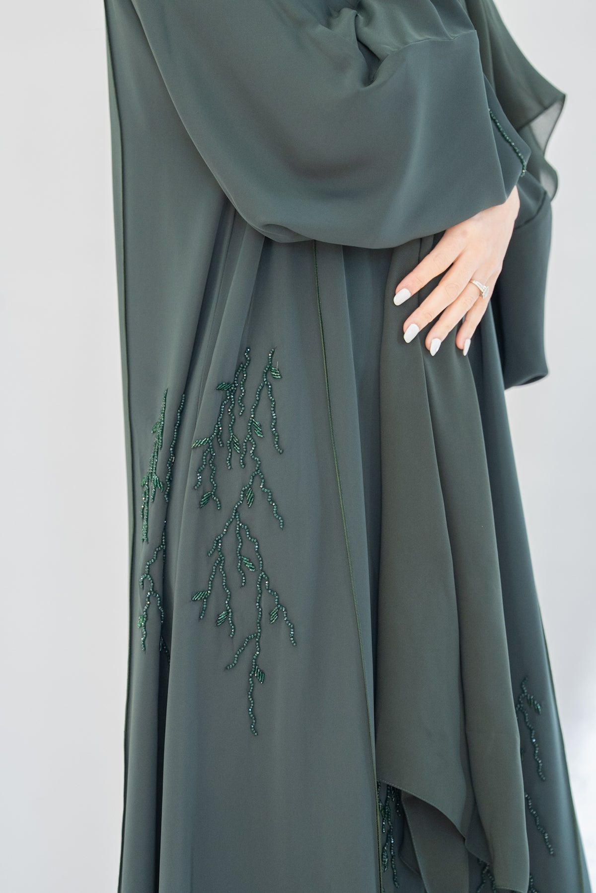 Forest Green Beaded Crepe Open Abaya with Sheila