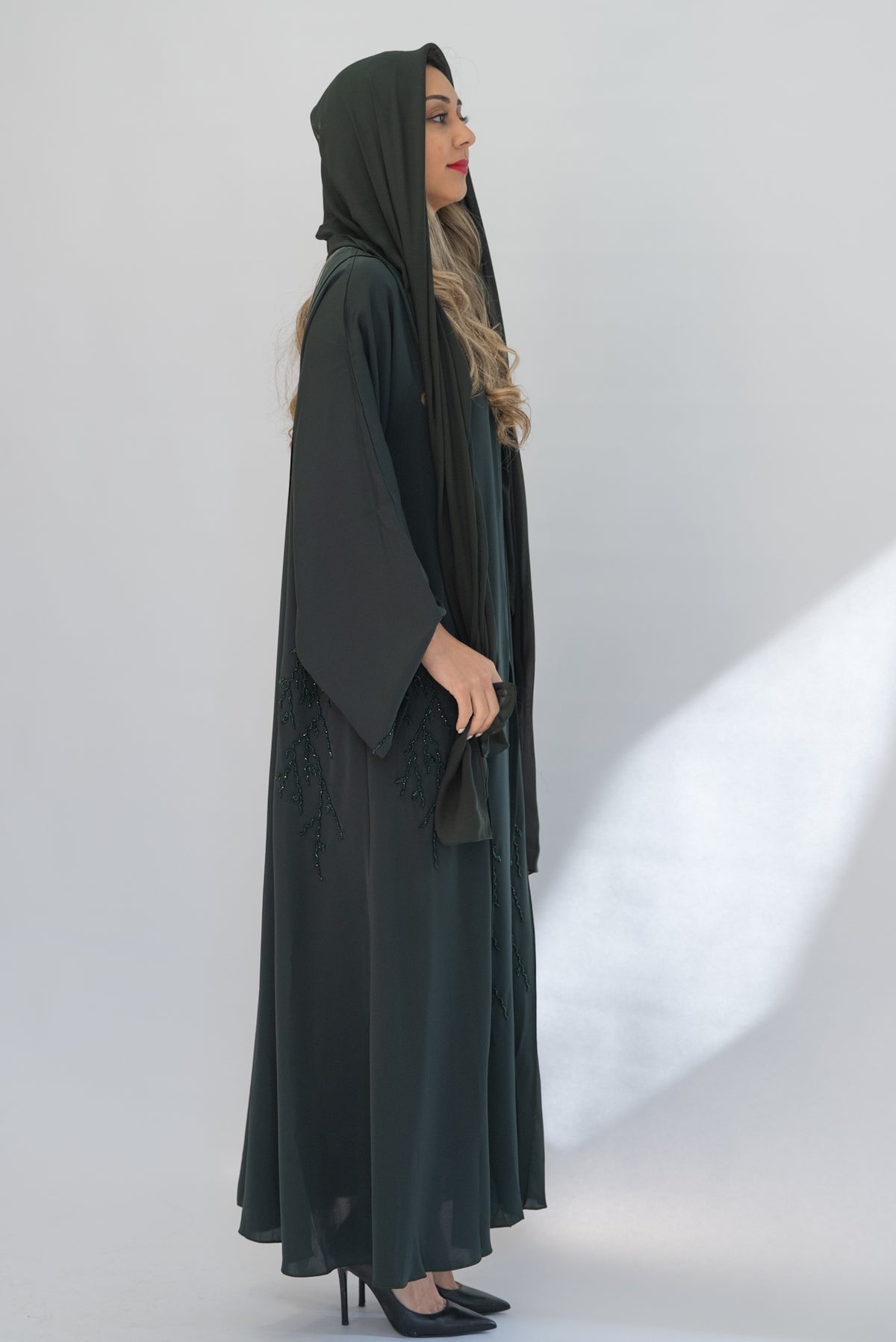 Forest Green Beaded Crepe Open Abaya with Sheila