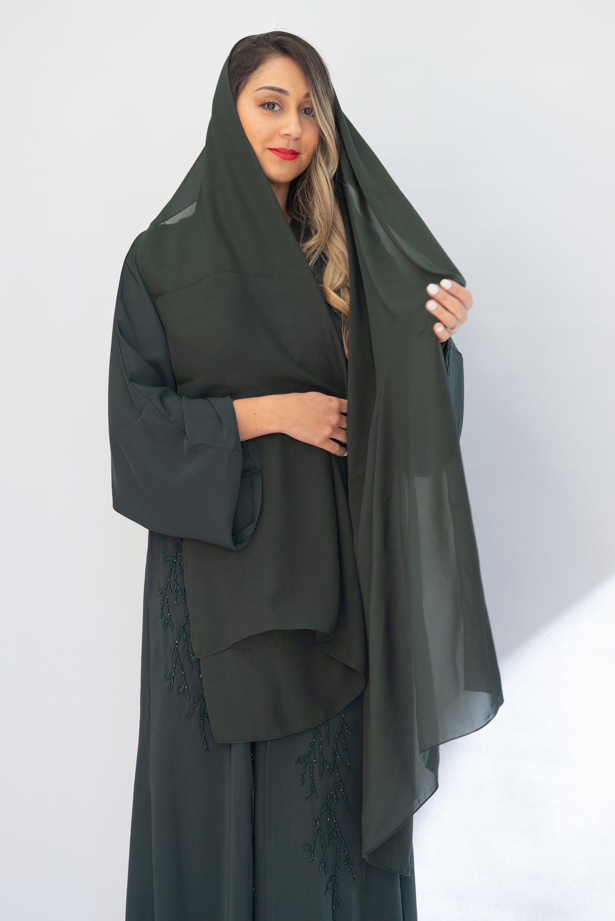 Forest Green Beaded Crepe Open Abaya with Sheila