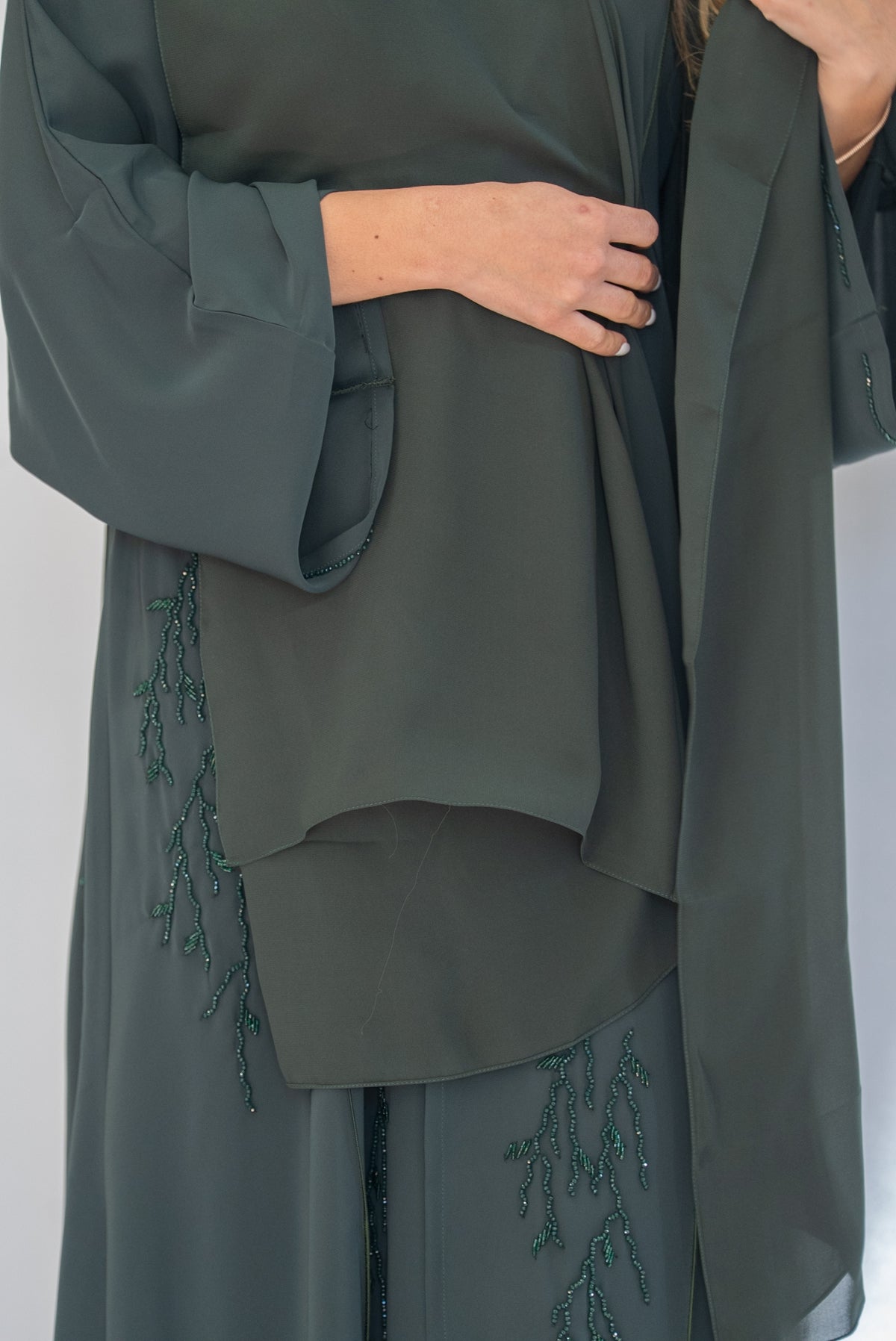 Forest Green Beaded Crepe Open Abaya with Sheila