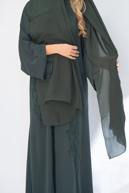 Forest Green Beaded Crepe Open Abaya with Sheila