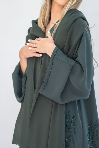 Forest Green Beaded Crepe Open Abaya with Sheila