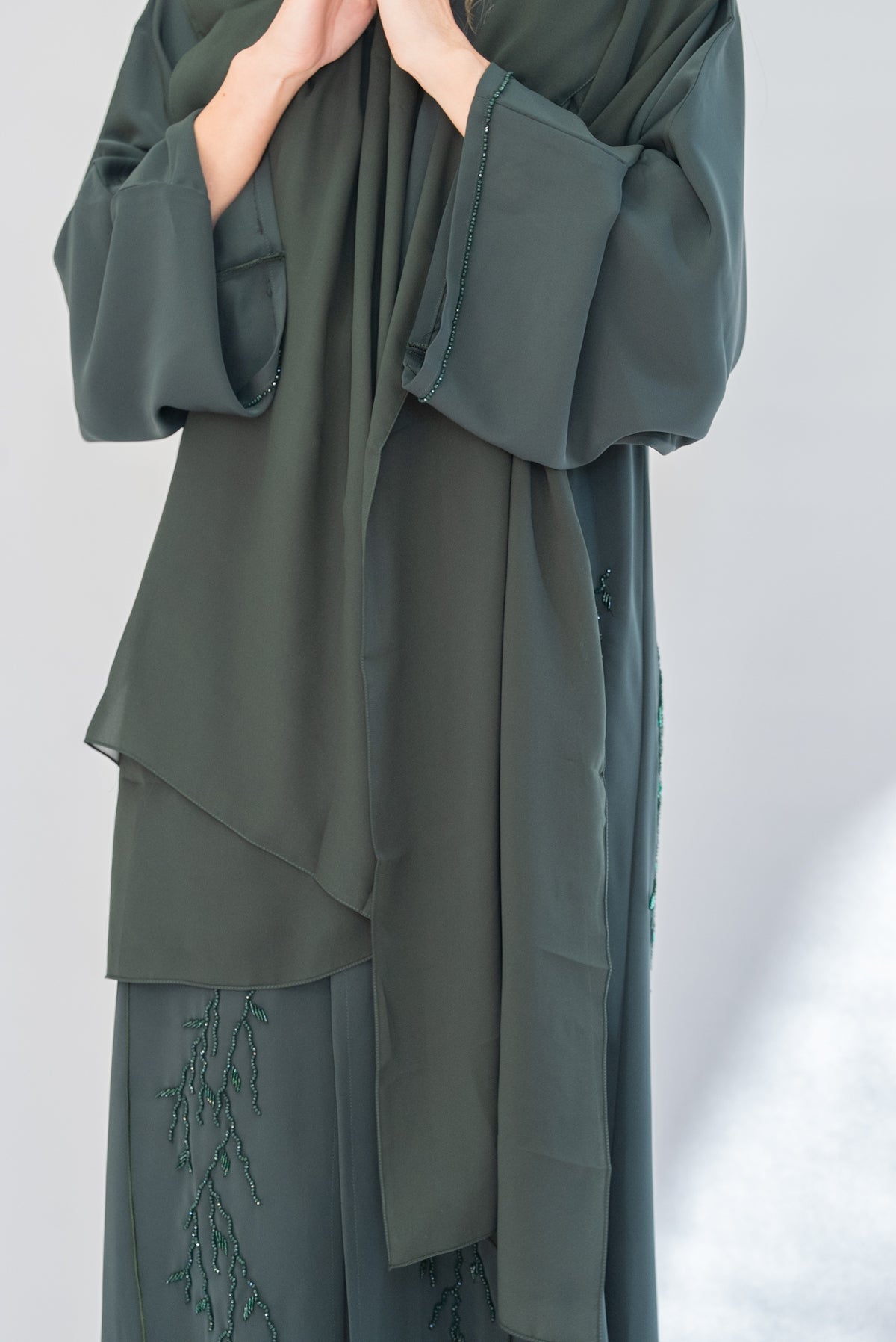 Forest Green Beaded Crepe Open Abaya with Sheila