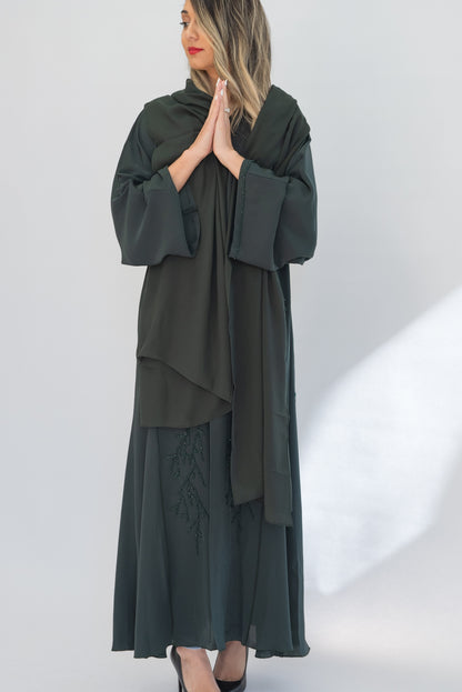 Forest Green Beaded Crepe Open Abaya with Sheila