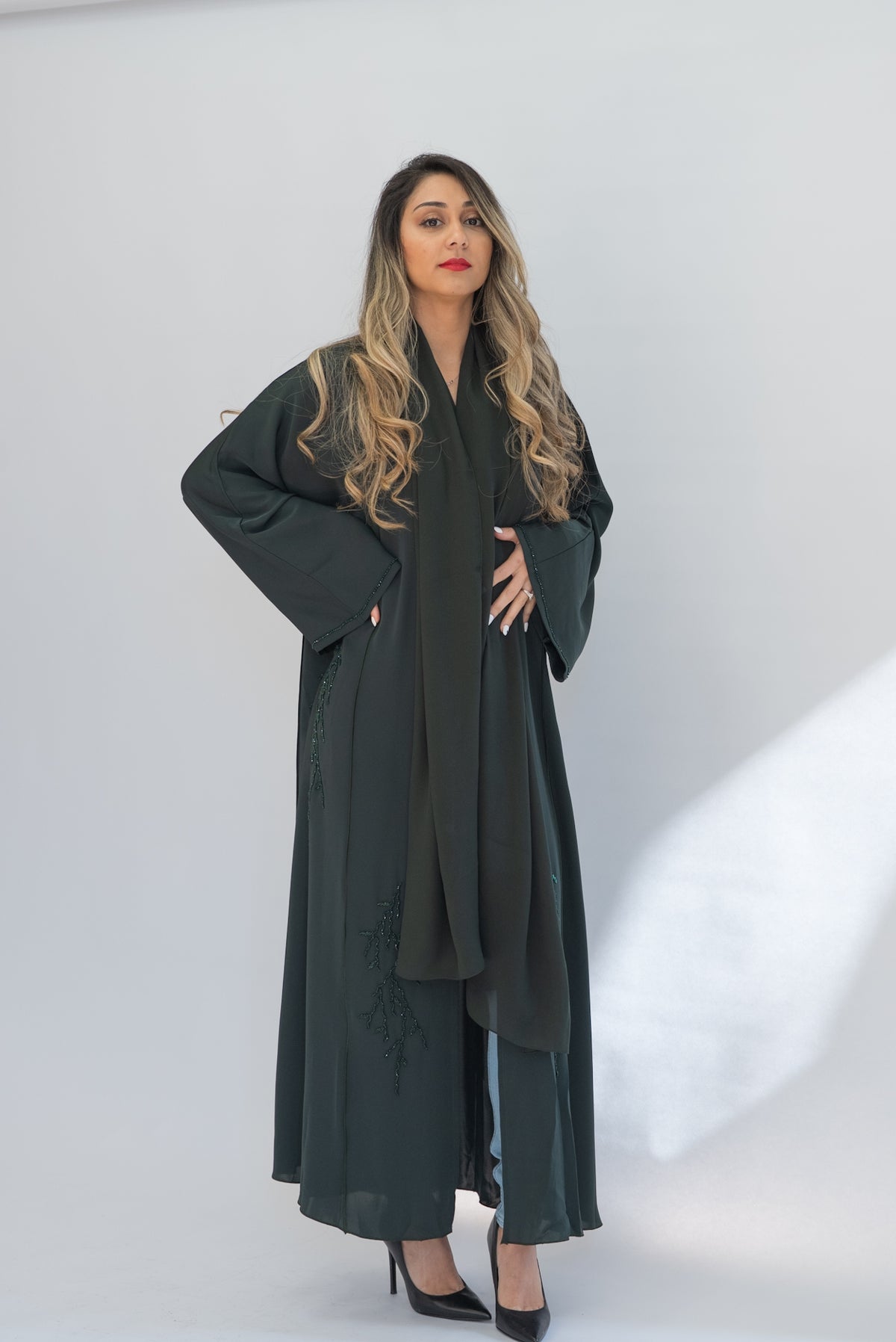 Forest Green Beaded Crepe Open Abaya with Sheila