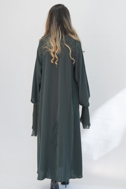 Forest Green Beaded Crepe Open Abaya with Sheila