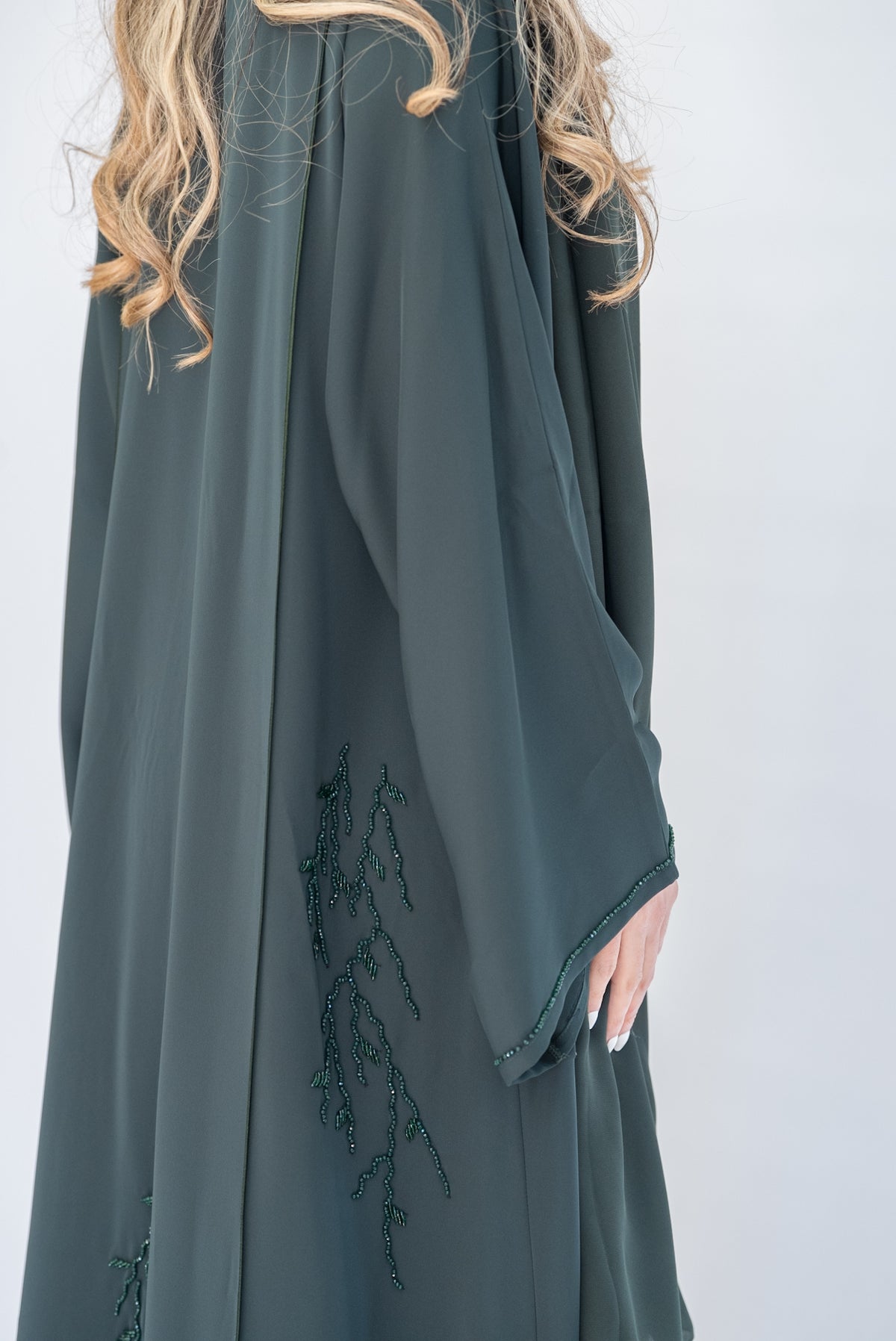 Forest Green Beaded Crepe Open Abaya with Sheila