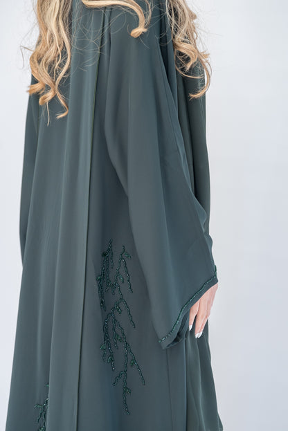 Forest Green Beaded Crepe Open Abaya with Sheila
