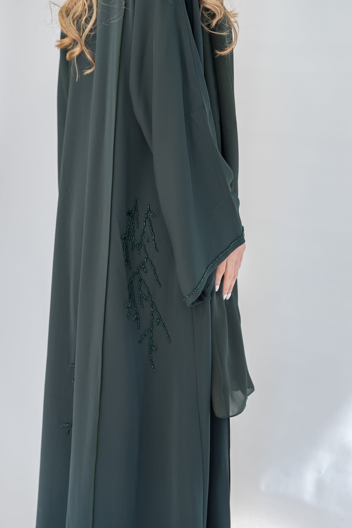Forest Green Beaded Crepe Open Abaya with Sheila