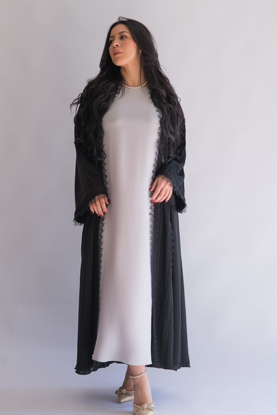 Gessy Black Nida Abaya with Lace Trim and Sheila