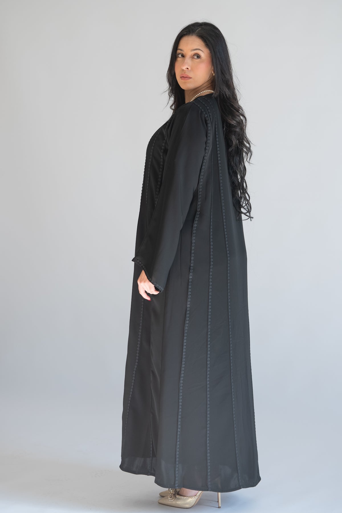 Black Abaya with Vertical Lace Trim