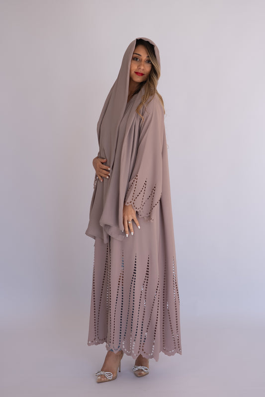 Beige laser cut abaya