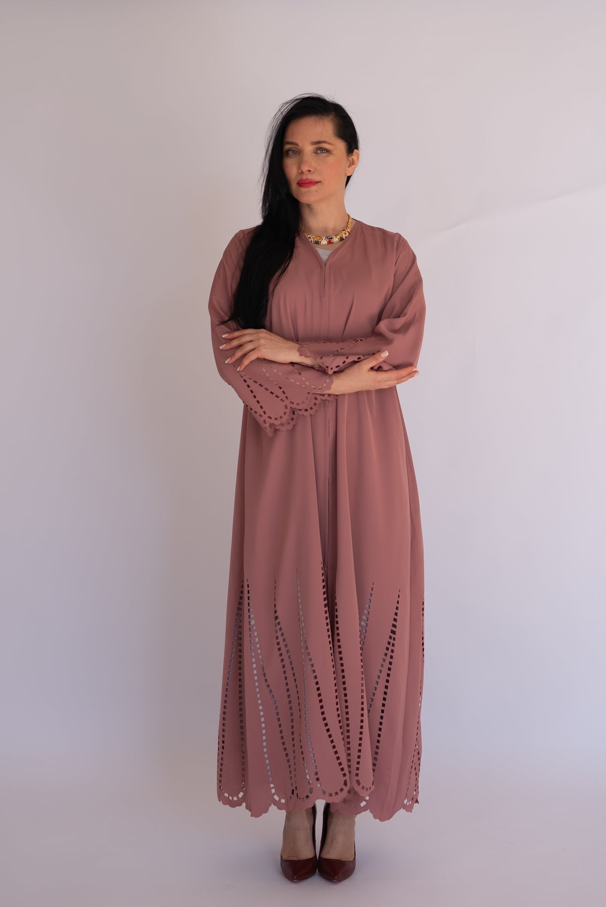 Peach Pink Laser Cut Nida Abaya with Scarf
