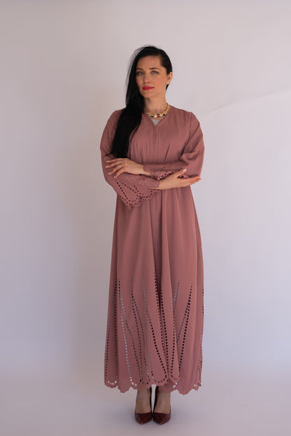 Peach Pink Laser Cut Nida Abaya with Scarf