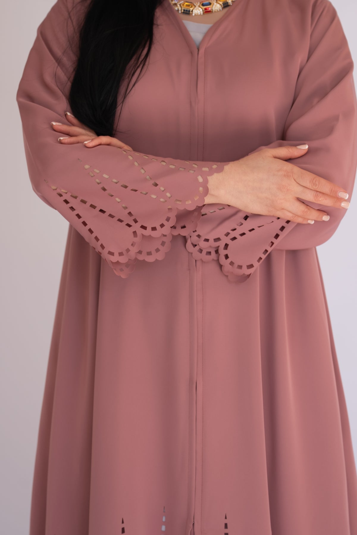 Peach Pink Laser Cut Nida Abaya with Scarf