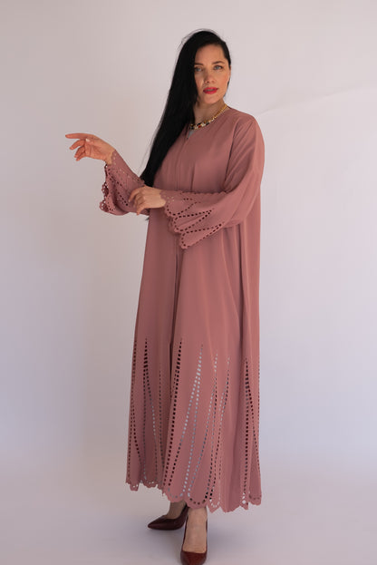 Peach Pink Laser Cut Nida Abaya with Scarf