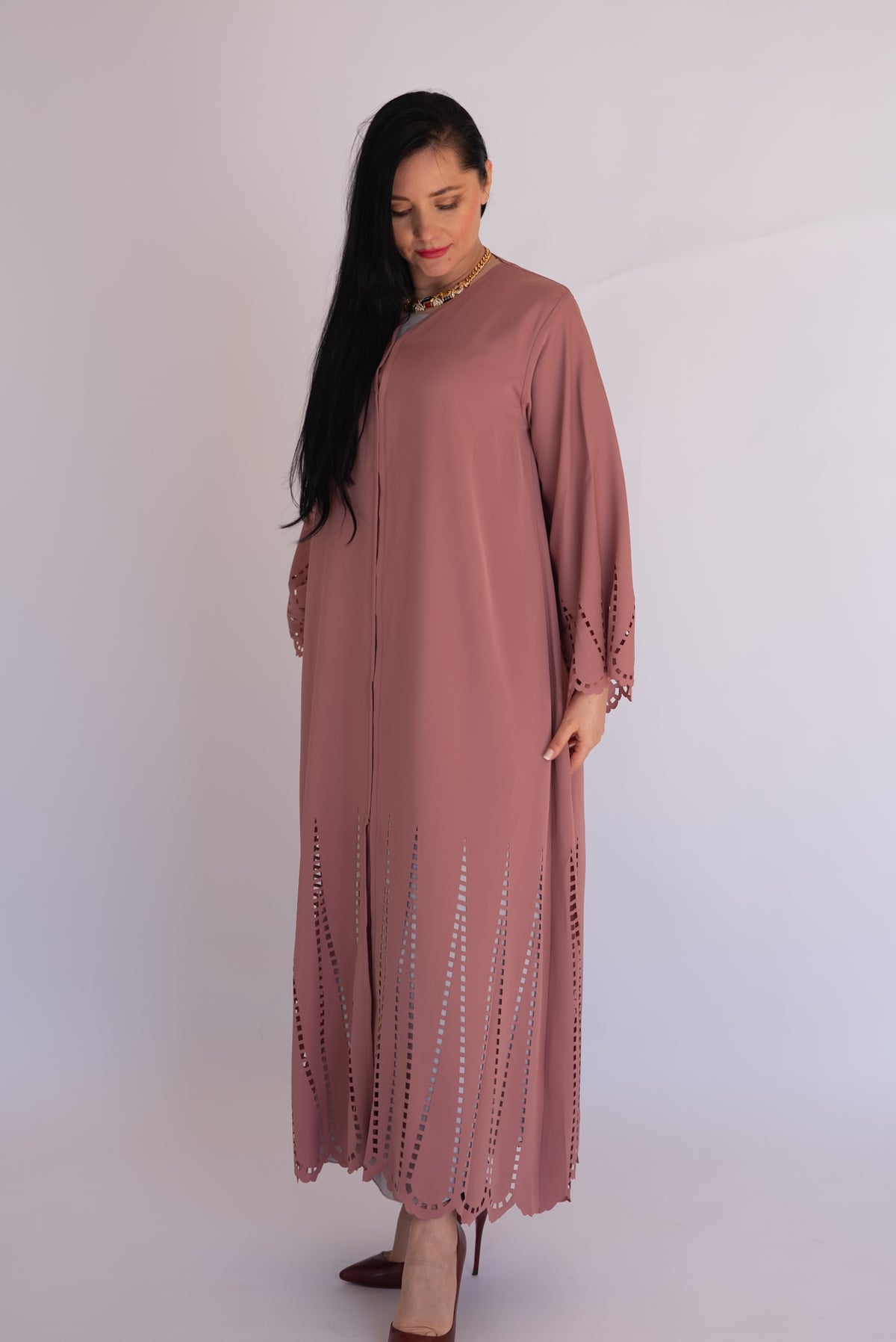 Peach Pink Laser Cut Nida Abaya with Scarf