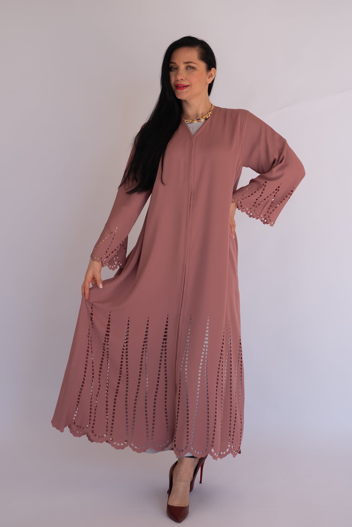 Peach Pink Laser Cut Nida Abaya with Scarf
