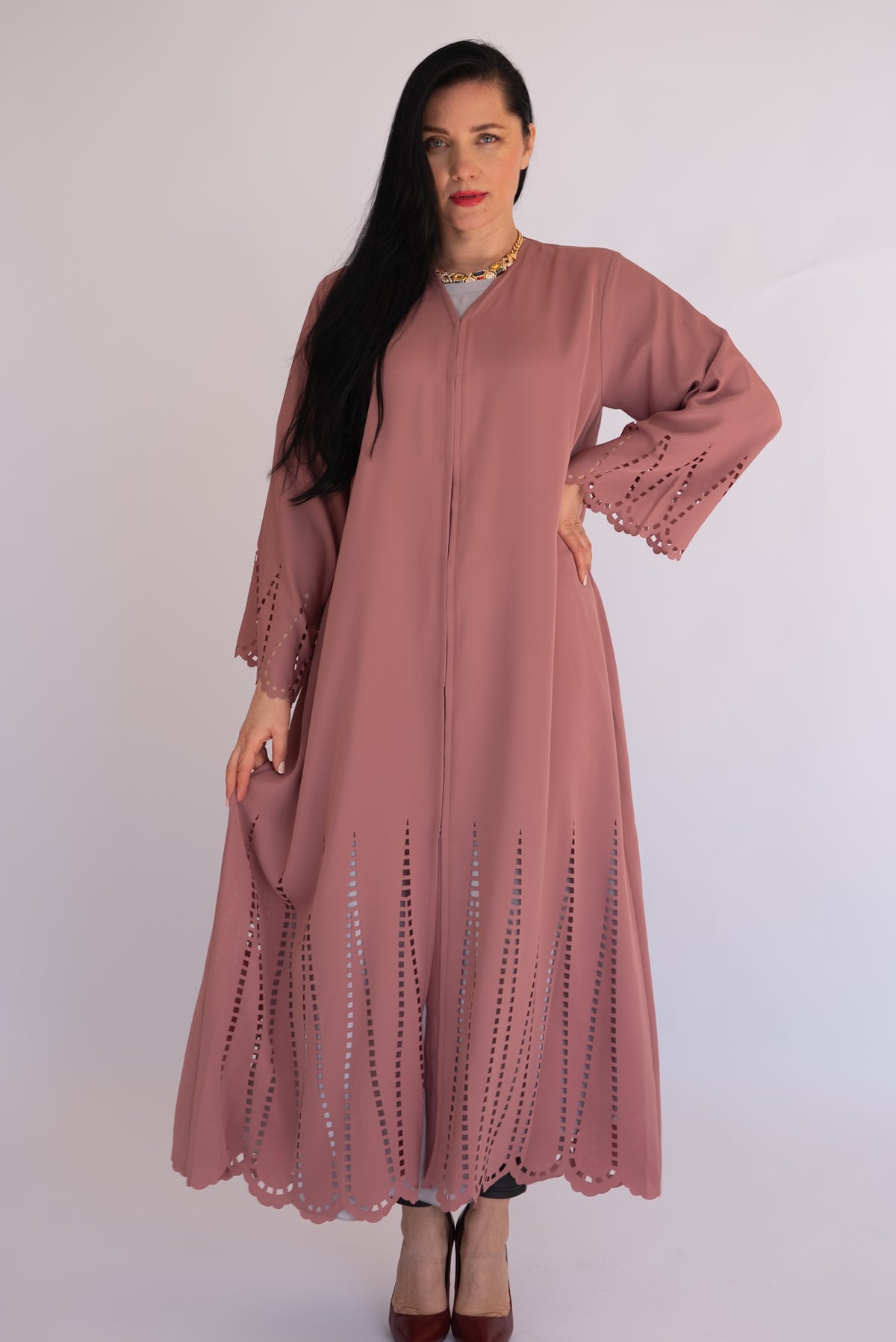 Peach Pink Laser Cut Nida Abaya with Scarf