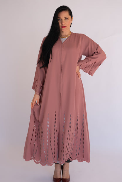Peach Pink Laser Cut Nida Abaya with Scarf