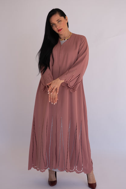 Peach Pink Laser Cut Nida Abaya with Scarf