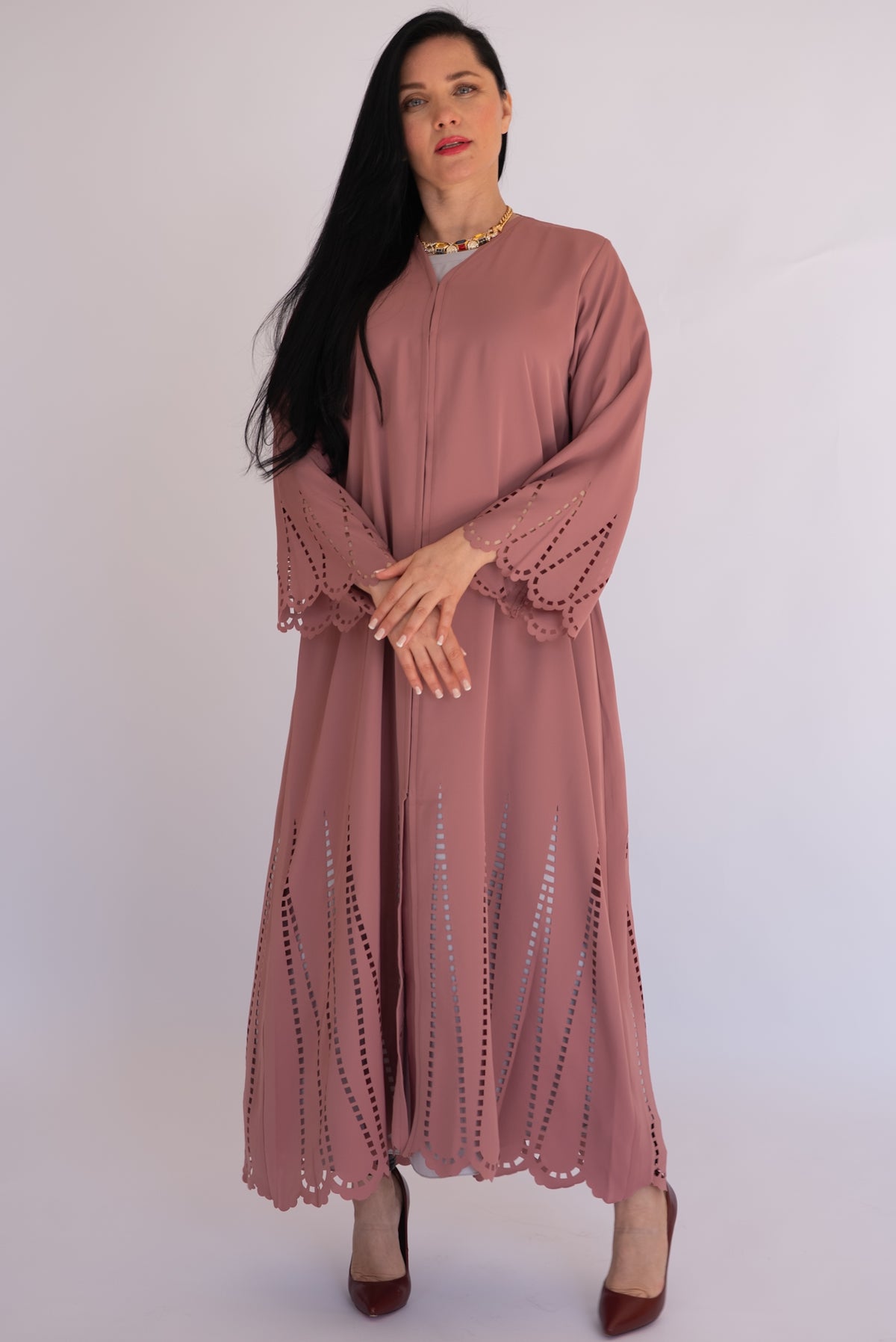 Peach Pink Laser Cut Nida Abaya with Scarf