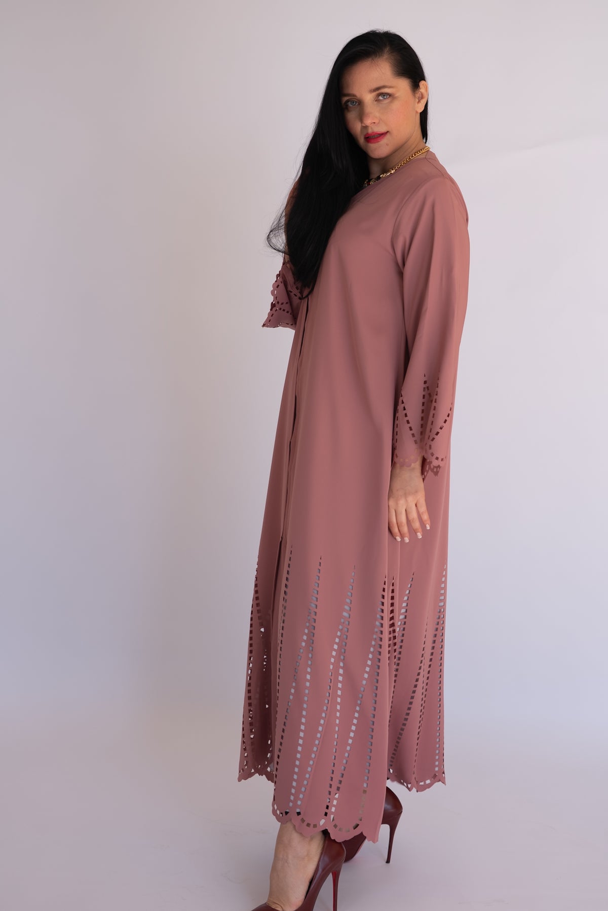 Peach Pink Laser Cut Nida Abaya with Scarf