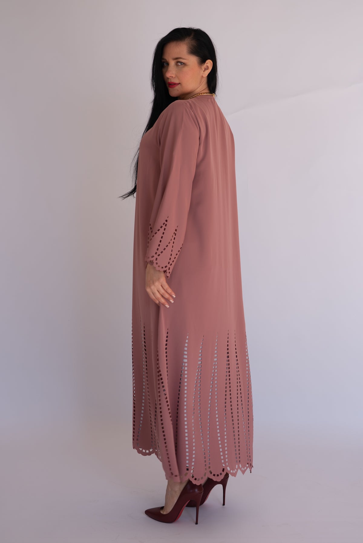Peach Pink Laser Cut Nida Abaya with Scarf