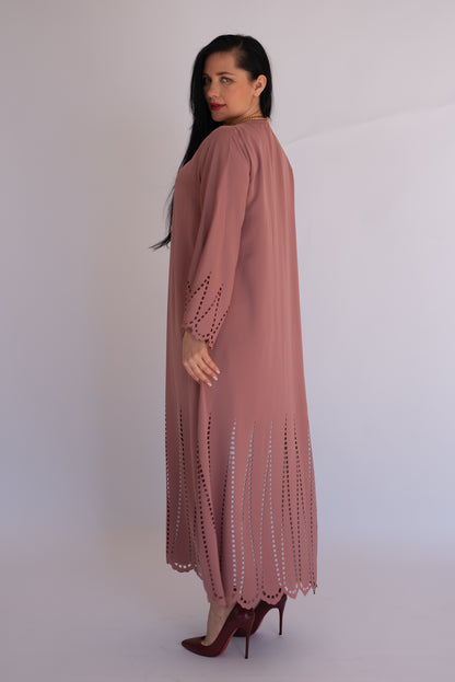 Peach Pink Laser Cut Nida Abaya with Scarf