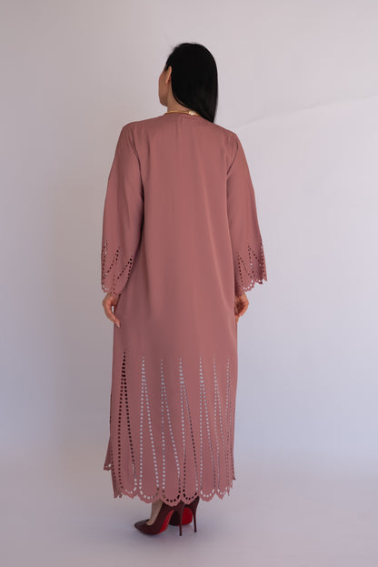 Peach Pink Laser Cut Nida Abaya with Scarf
