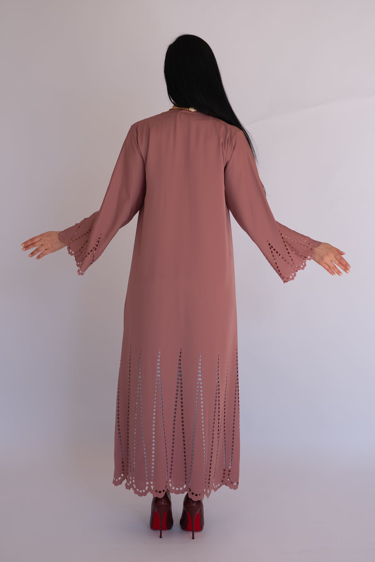 Peach Pink Laser Cut Nida Abaya with Scarf
