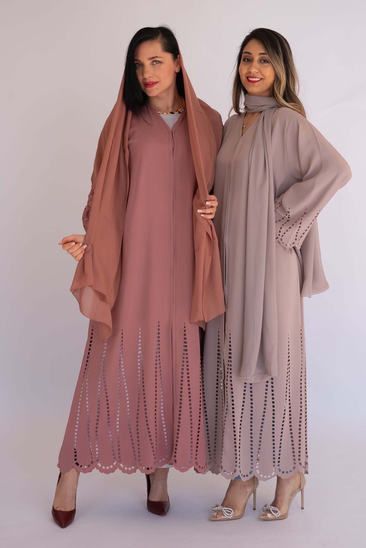 Peach Pink Laser Cut Nida Abaya with Scarf