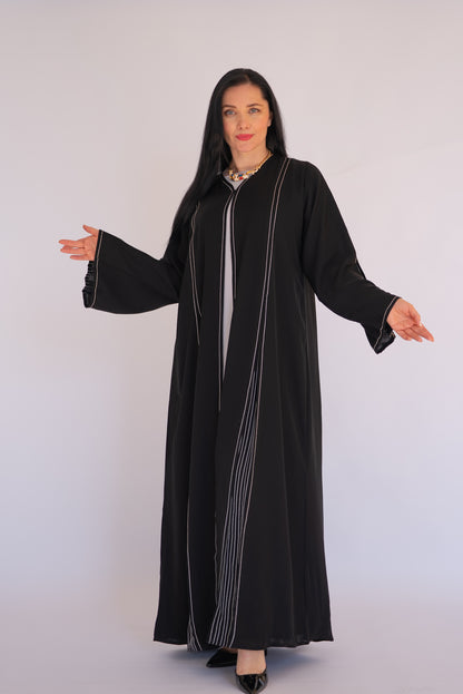 Black Silver Pinstripe Open Abaya
