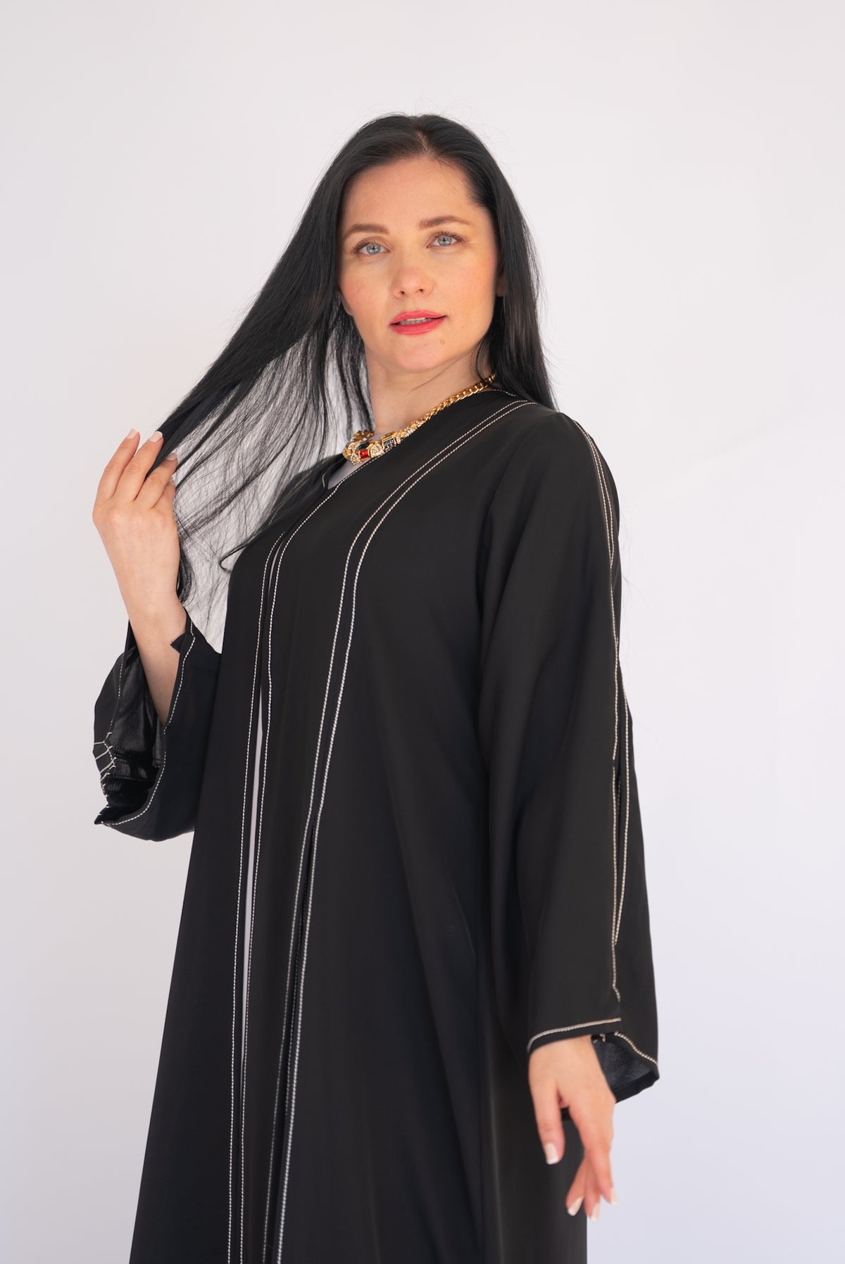 Black Silver Pinstripe Open Abaya