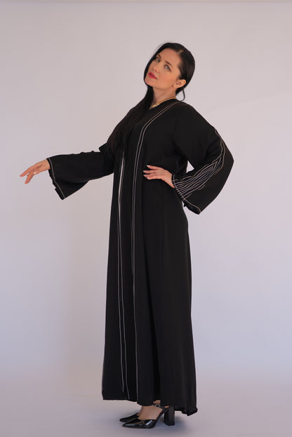 Black Silver Pinstripe Open Abaya
