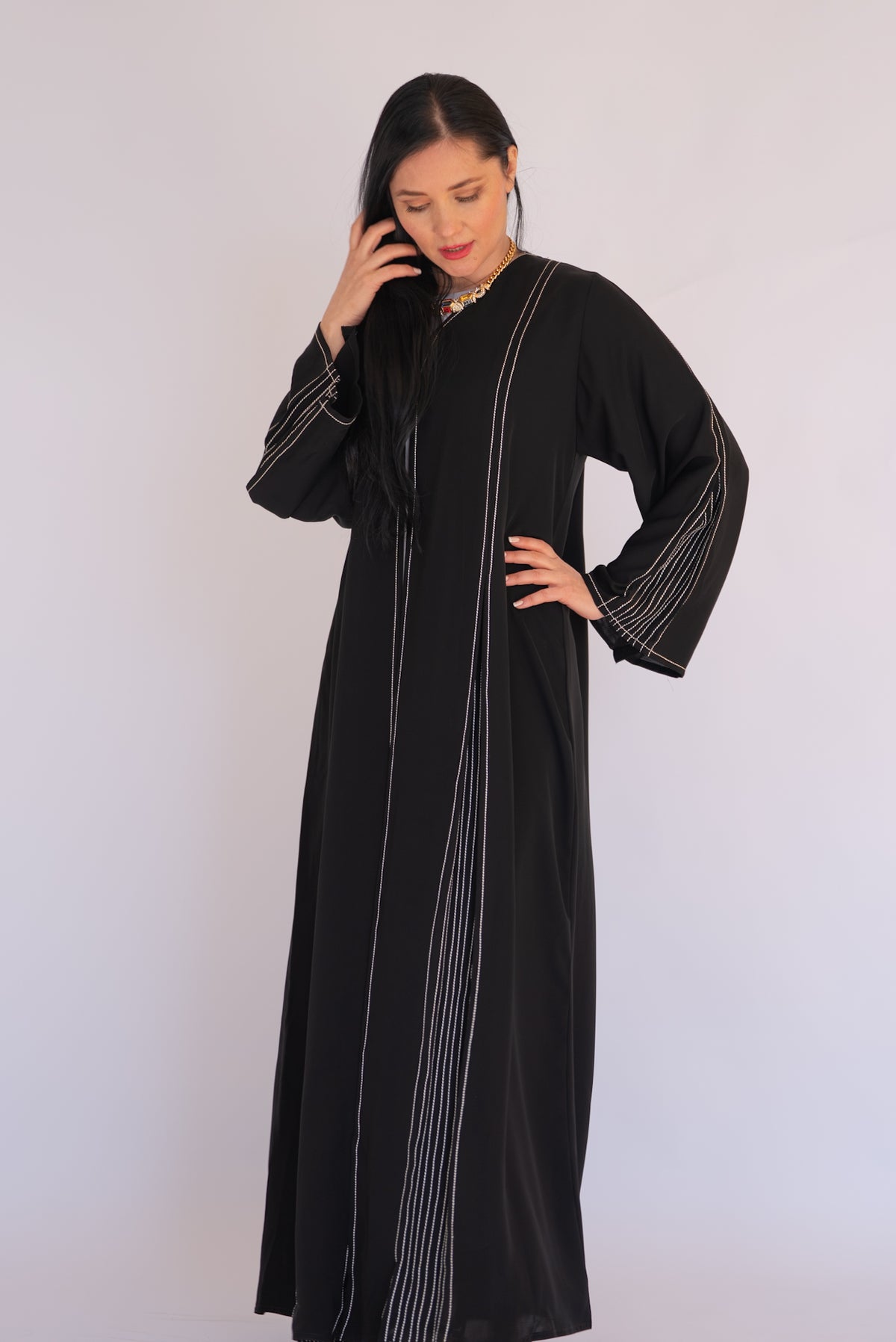 Black Silver Pinstripe Open Abaya