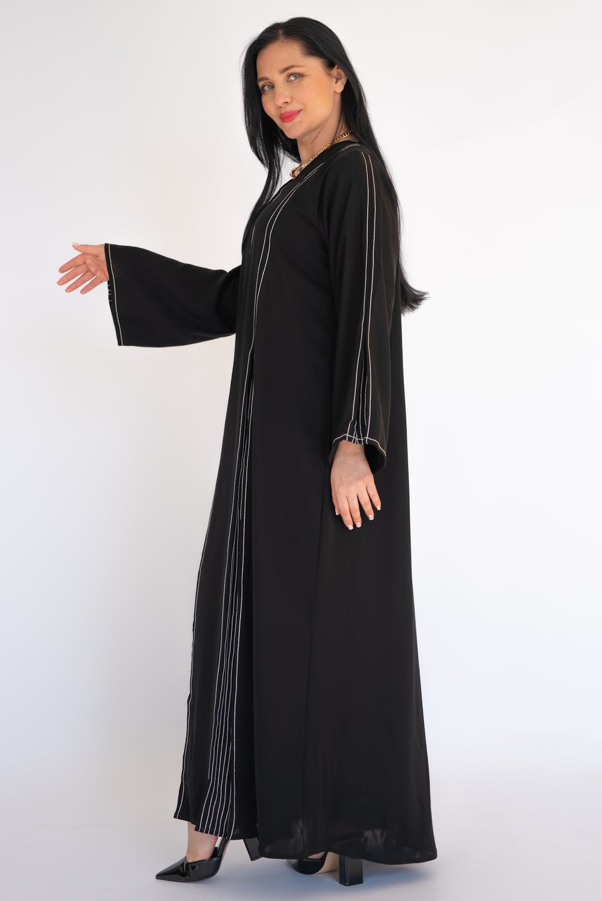 Black Silver Pinstripe Open Abaya
