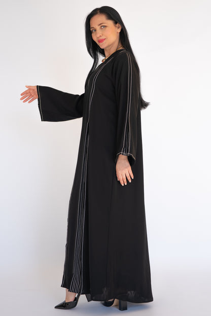 Black Silver Pinstripe Open Abaya