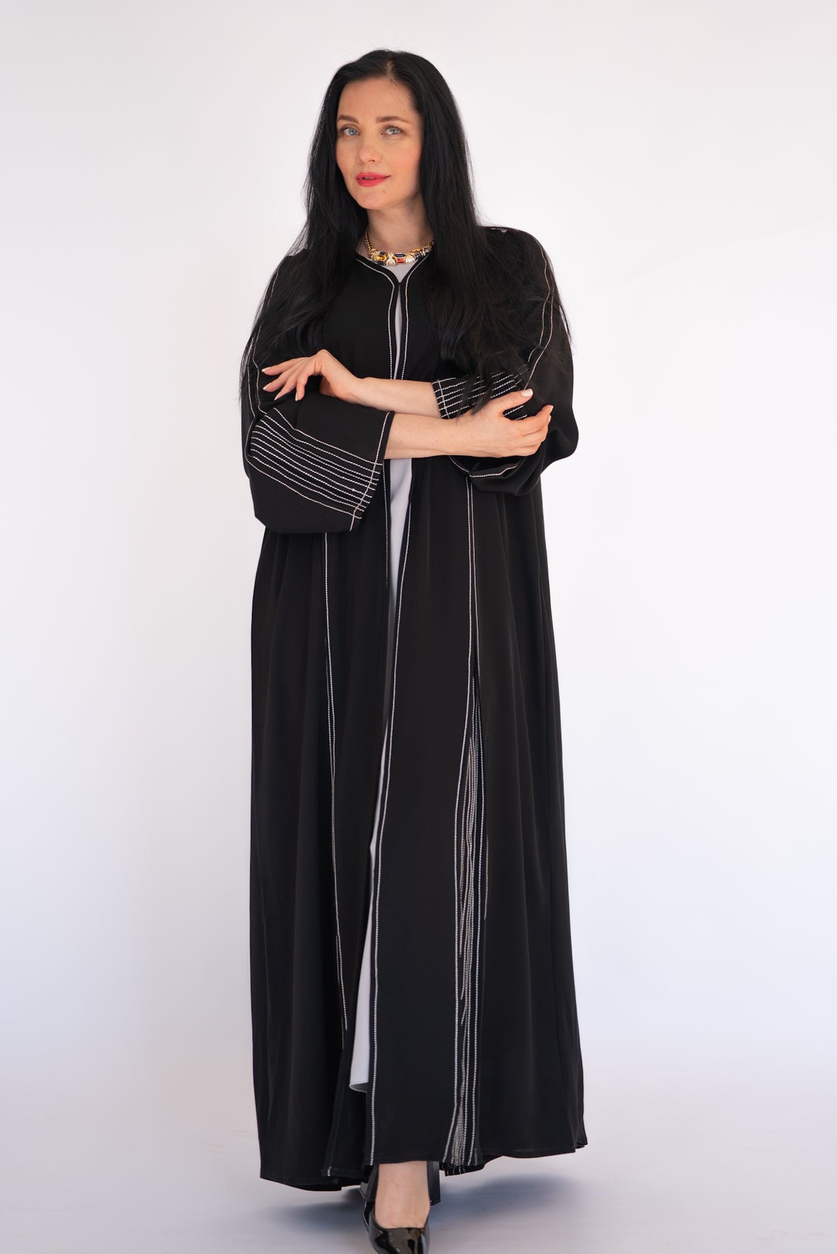 Black Silver Pinstripe Open Abaya