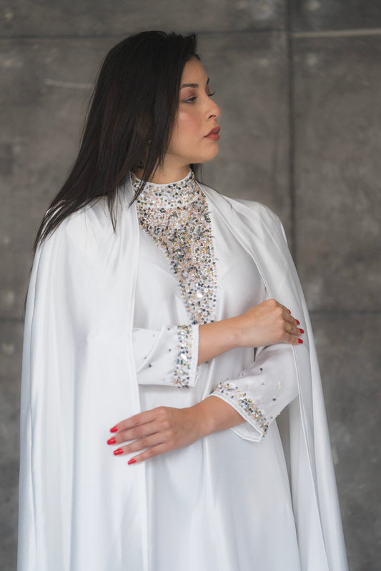 FATIMA WHITE SILK 2 PIECES ABAYA DRESS  CODE 001