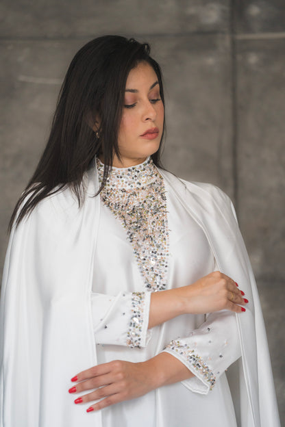 Fatima White Silk 2 Pieces Abaya Dress  Code 001