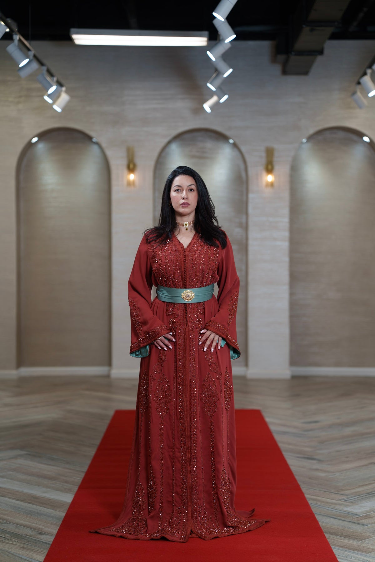 Rust Beaded Moroccan Kaftan with Sage Lining