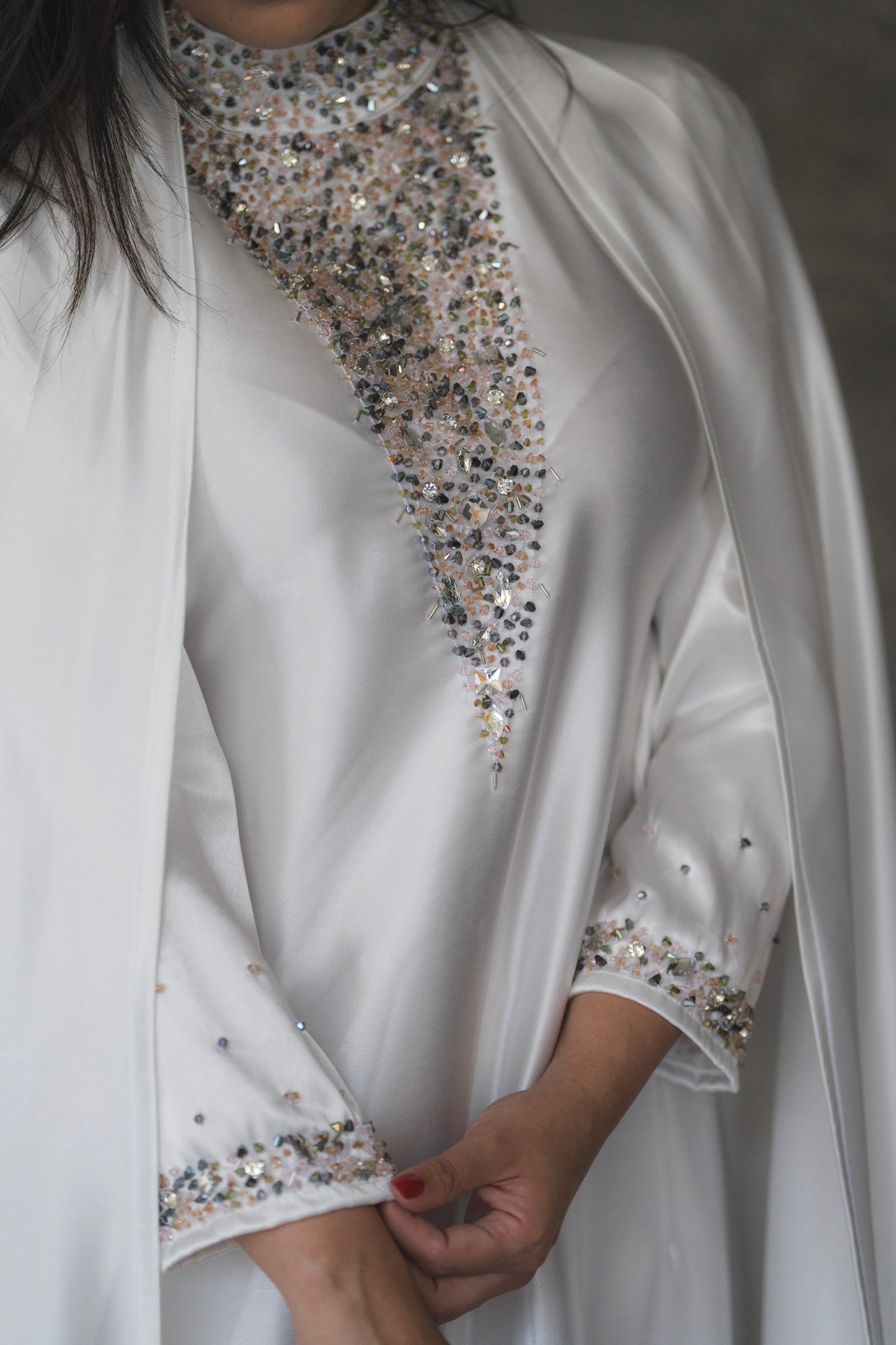 FATIMA WHITE SILK 2 PIECES ABAYA DRESS  CODE 001