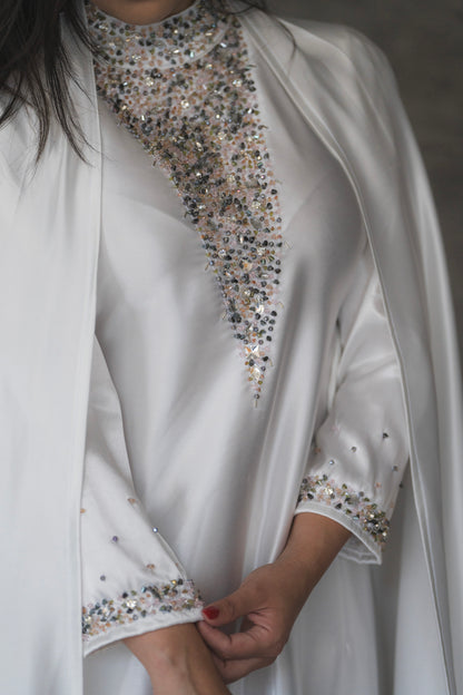 Fatima White Silk 2 Pieces Abaya Dress  Code 001
