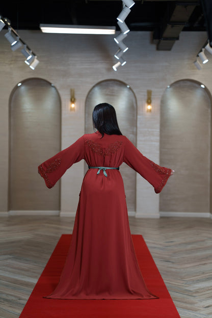 Rust Beaded Moroccan Kaftan with Sage Lining