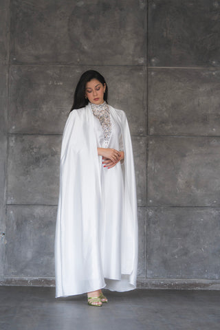 FATIMA WHITE SILK 2 PIECES ABAYA DRESS  CODE 001