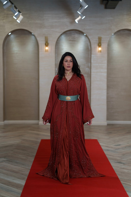 Rust Ember Embellished Moroccan Caftan