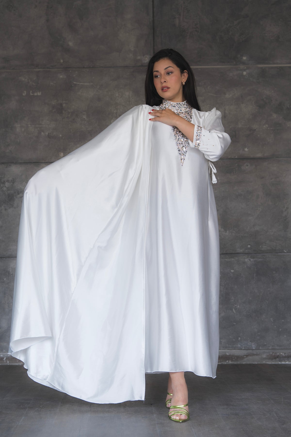 Fatima White Silk 2 Pieces Abaya Dress  Code 001